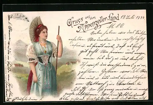 Lithographie Gruss aus dem Appenzeller-Land, Schweizerin in Tracht