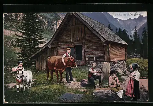 AK Bauer mit einem Ochsen an einer Appenzeller-Sennhütte