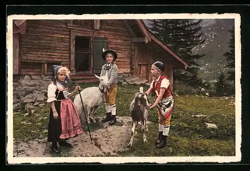 AK Drei Kinder in Appenzeller-Trachten mit Ziegen