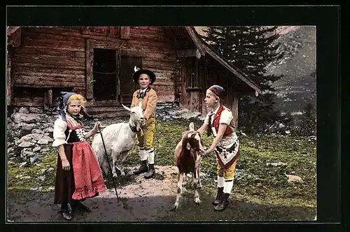 AK Drei Kinder in Appenzeller-Trachten mit Ziegen