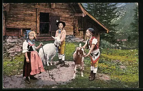 AK Drei Kinder in Appenzeller-Trachten mit Ziegen