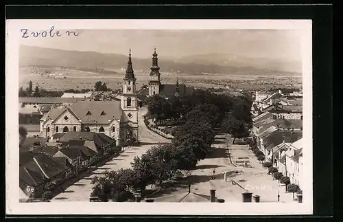 AK Zvolen, Teilansicht mit Kirchen aus der Vogelschau