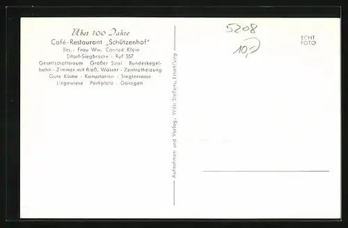 AK Eitorf-Siegbrücke, Cafe-Restaurant Schützenhof, Ww. Conrad Klein, Gebäudeansicht, Innenansichten