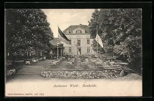 AK Aachen, Gasthaus Ronheide im Aachener Wald, Gebäudeansicht mit Terrasse