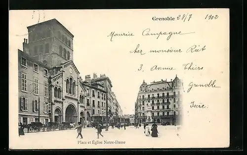 AK Grenoble, Place et Eglise Notre-Dame, Strassenbahn