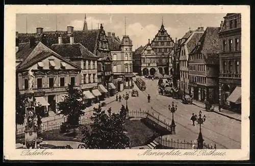AK Paderborn, Marienplatz mit Rathaus und Strassenbahn