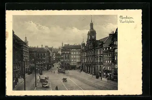 AK Pforzheim, Marktplatz mit Motorrädern, Autos und Strassenbahn