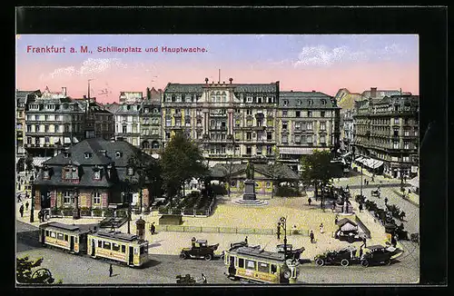 AK Frankfurt a. M., Schillerplatz und Hauptwache mit Strassenbahnen