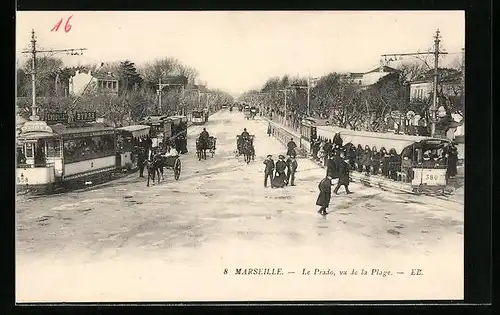 AK Marseille, Le Prado, vu de la Plage, Strassenbahn