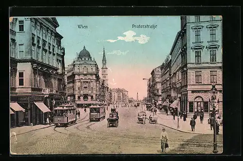 AK Wien, Praterstrasse mit Kutsche, Karren und Strassenbahnen