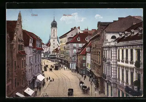 AK Graz, Murplatz mit Strassenbahn aus der Vogelschau