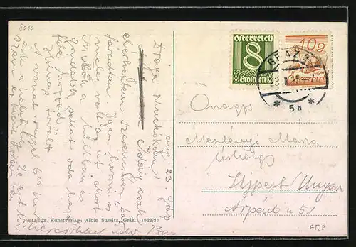 AK Graz, Murplatz mit Strassenbahn aus der Vogelschau