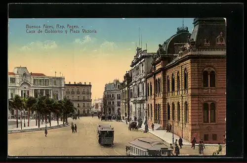 AK Buenos Aires, Casa de Gobierno y Plaza Victoria, Strassenbahnen