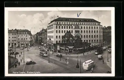 AK Halle /Saale, Strassenbahnen auf dem Riebeckplatz