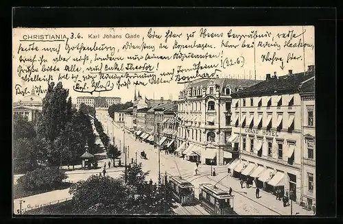 AK Christiania, Karl Johans Gade, Strassenbahnen, Grand Hotel