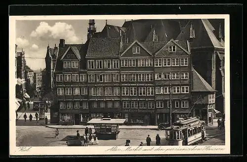 AK Kiel, Alter Markt mit den persianischen Häusern und Strassenbahn