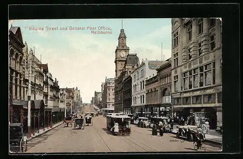 AK Melbourne, Bourke Street and General Post Office, Strassenbahn