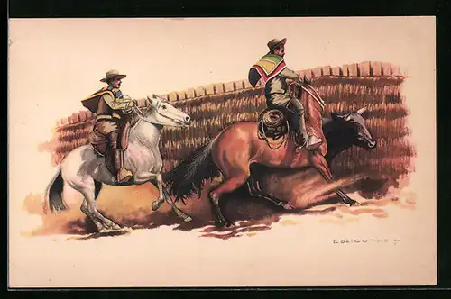 AK Zwei Cowboys beim Einfangen eines Rindes