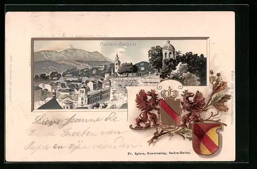 Passepartout-Lithographie Baden-Baden, Ortsansicht und Wappen