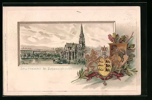 Passepartout-Lithographie Stuttgart, St. Johannskirche und Wappen