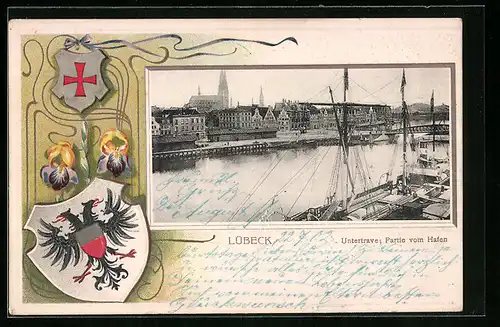 Passepartout-Lithographie Lübeck, Untertrave, Partie vom Hafen, Wappen