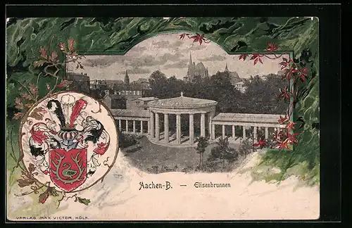 Passepartout-Lithographie Aachen-B., Elisenbrunnen und Wappen