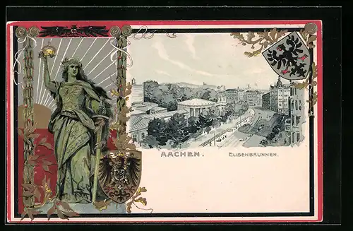 Passepartout-Lithographie Aachen, Elisenbrunnen und Wappen