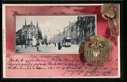 Passepartout-Lithographie Köln-Neustadt, Hohenzollernring und Wappen