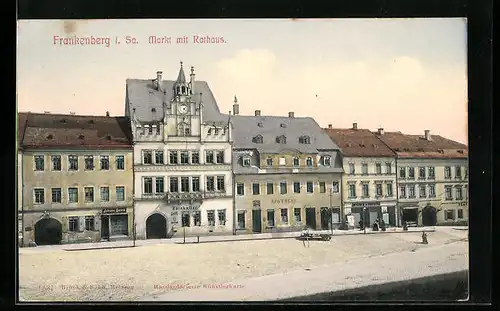AK Frankenberg i. Sa., Markt mit Gasthaus Ratskeller, Geschäften und Rathaus