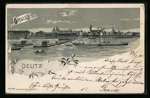 Mondschein-Lithographie Köln-Deutz, Uferpartie mit Steg und Booten