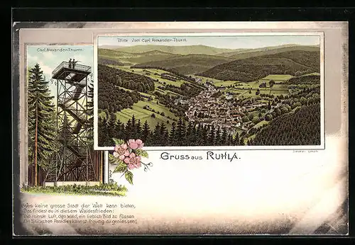 Lithographie Ruhla, Blick vom Carl Alexander-Turm auf den Ort