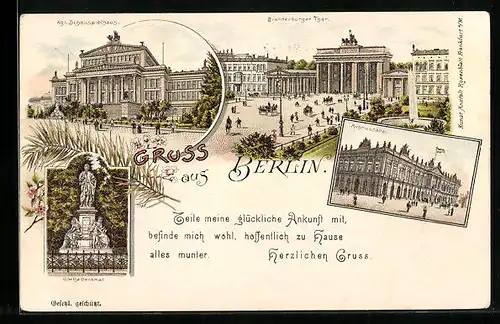 Lithographie Berlin-Tiergarten, Ruhmeshalle, Brandenburger Tor, Königliches Schauspielhaus
