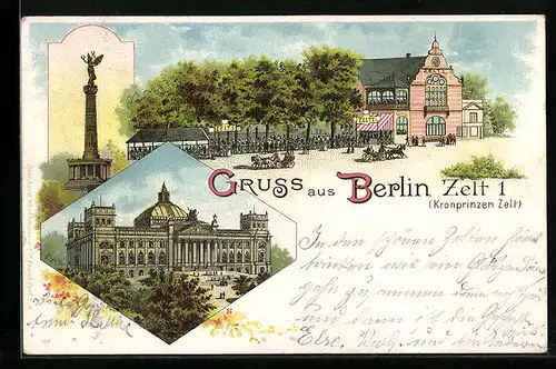 Lithographie Berlin-Tiergarten, Gasthaus Kornprinzen Zelt 1, Gebäudeansicht, Siegessäule