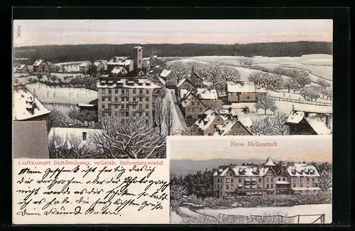 AK Schömberg /Württb. Schwarzwald, Neue Heilanstalt und Teilansicht im Winter
