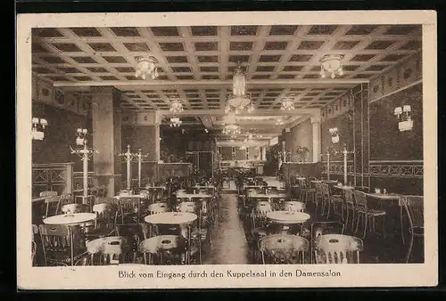 AK Hagen i. W., Cafe Weidenhof, Mittelstrasse 6, Blick vom Eingang durch den Kuppelsaal in den Damensalon
