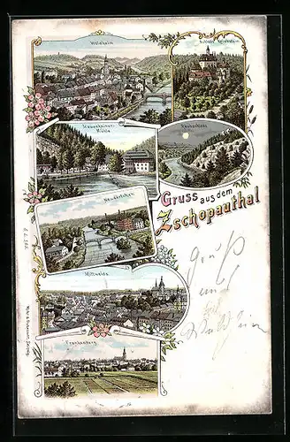 Lithographie Waldheim /Zschopauthal, Neudörfchen, Mittweida, Lauenhainer-Mühle