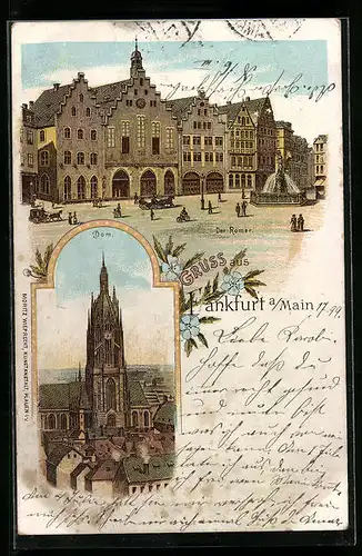 Lithographie Alt-Frankfurt, Dom, Markt mit Brunnen