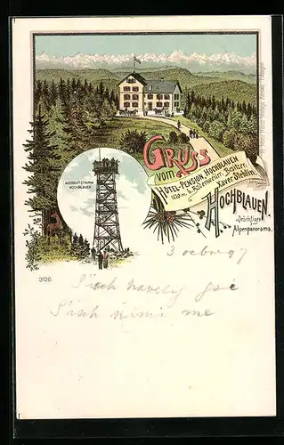 Lithographie Badenweiler, Hotel-Pension Hochblauen, Aussichtsthurm