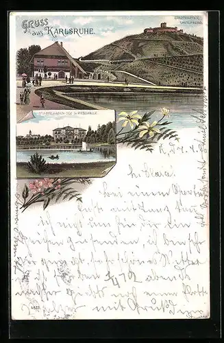 Lithographie Karlsruhe, Stadtgarten-See u. Festhalle