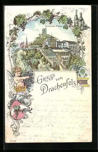 Lithographie Drachenfels, Drachenfels-Plateau, Wappen