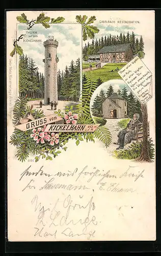 Lithographie Kickelhahn, Thurm, Gabelbach Restauration