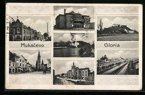 AK Mukacevo, Gloria, Strassenpartie mit Geschäft, Kirche, Uferpartie