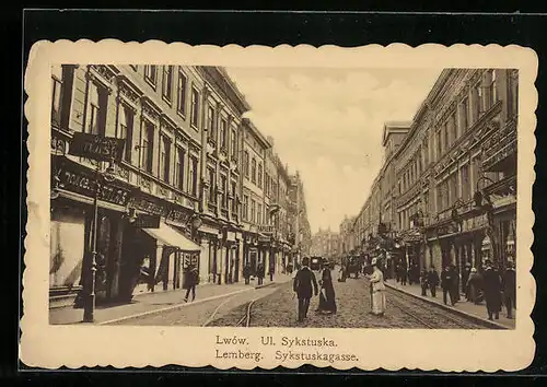 AK Lemberg, Strasse Sykstuskagasse mit Geschäften