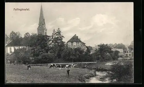 AK Fallingbostel, Junge mit Kühen am Flussufer, Blick zur Kirche