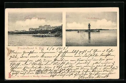 AK Friedrichsort b. Kiel, Blick auf Brücke und Kaserne, Blick zum Leuchtturm
