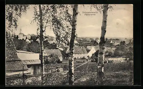 AK Schmannewitz, Panorama der Stadt mit Blick zur Kirche