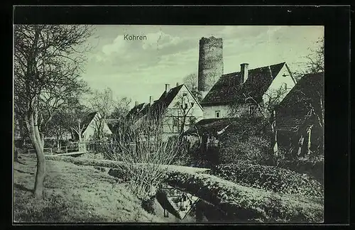 AK Kohren, Blick zur Turmruine, an den Wohnhäusern