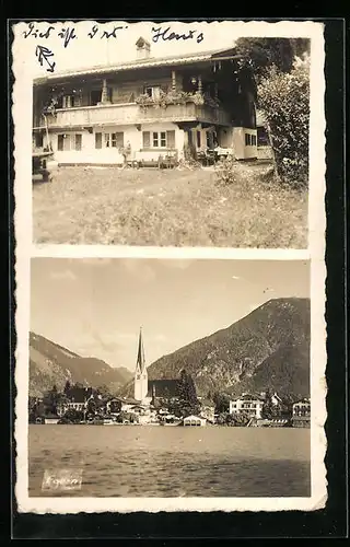 AK Egern, Ortsansicht mit der Kirche, vor dem Wohnhaus
