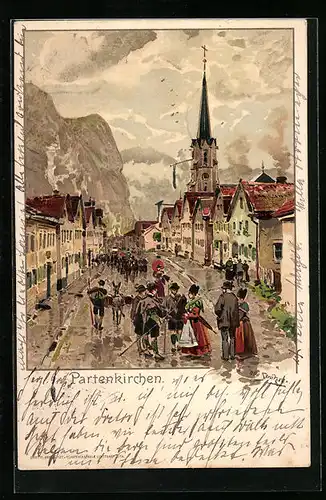 Künstler-AK Otto Strützel: Partenkirchen, Menschen in Trachten auf dem Stadtplatz