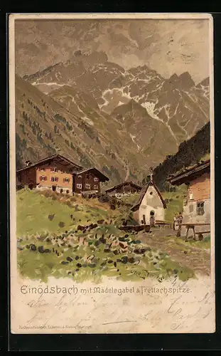 Künstler-AK Otto Strützel: Einödsbach, Ortsansicht mit Mädelegabel und Trettachspitze